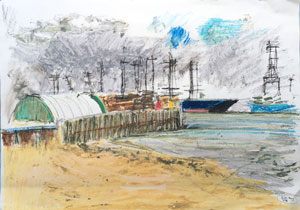 Navy Yard, 60x42cm oil pastel on paper prints £100 original £250